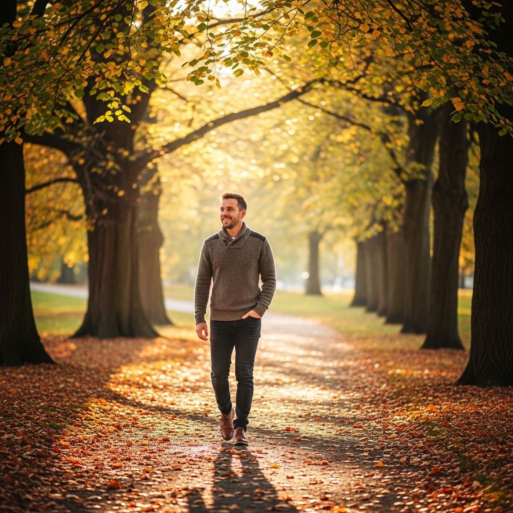 Bright sunlight filtering through autumn trees in an outdoor park, a man walking along a path in warm natural light representing vitamin D from sun exposure