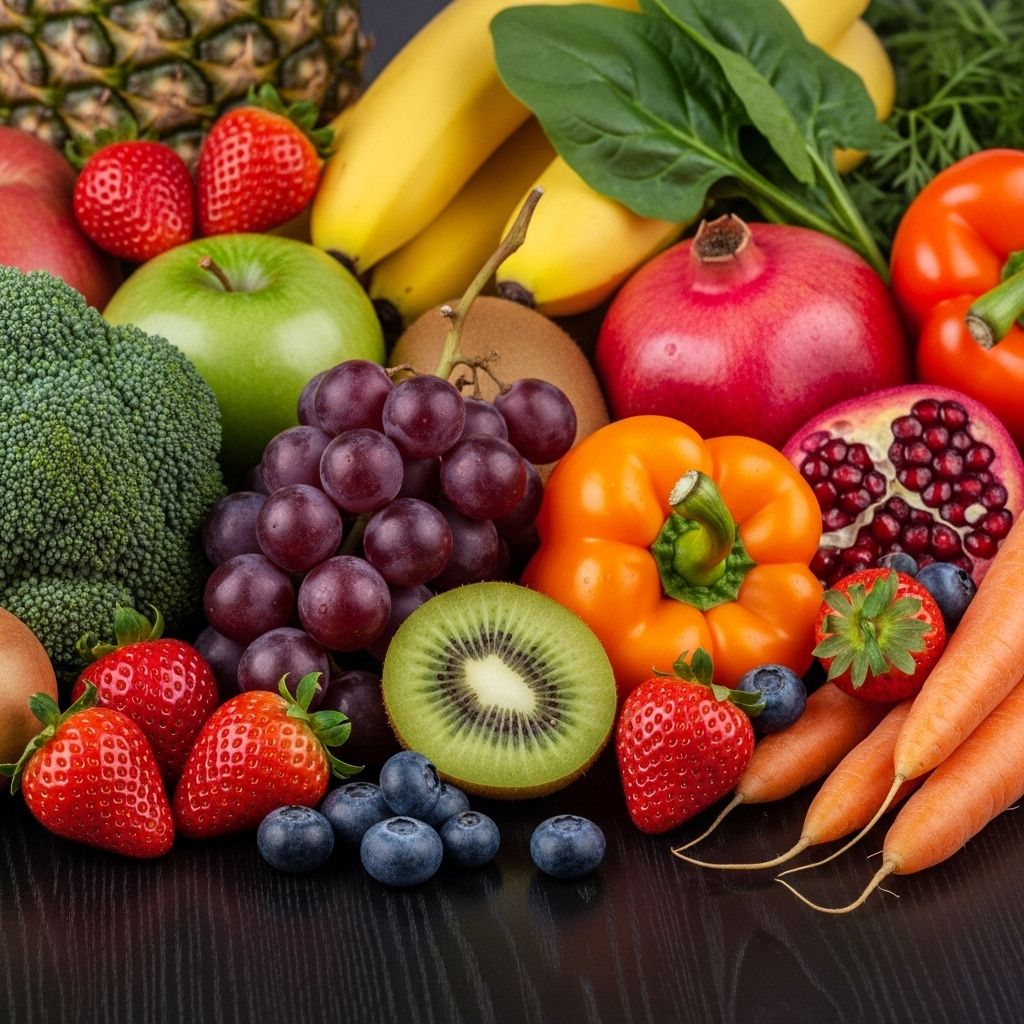 Close-up of a variety of colourful fresh fruits and vegetables arranged on a dark wooden surface, representing natural nutrient sources